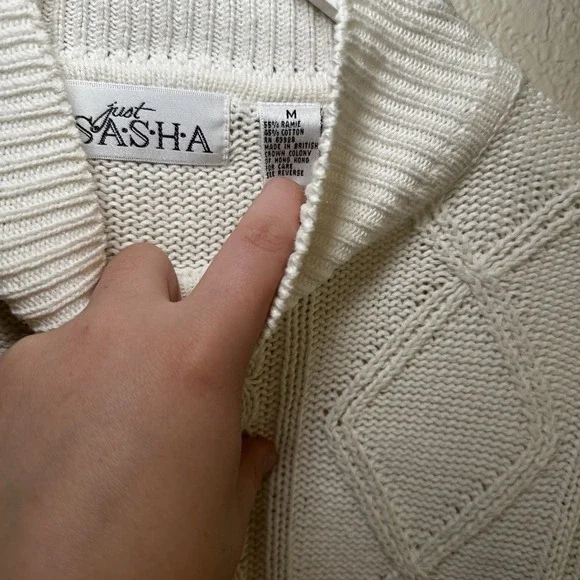 Just‎ SASHA Women M Turtleneck Sweater Chunky Knit Cable Ivory White Boho Cotton - Picture 2 of 4